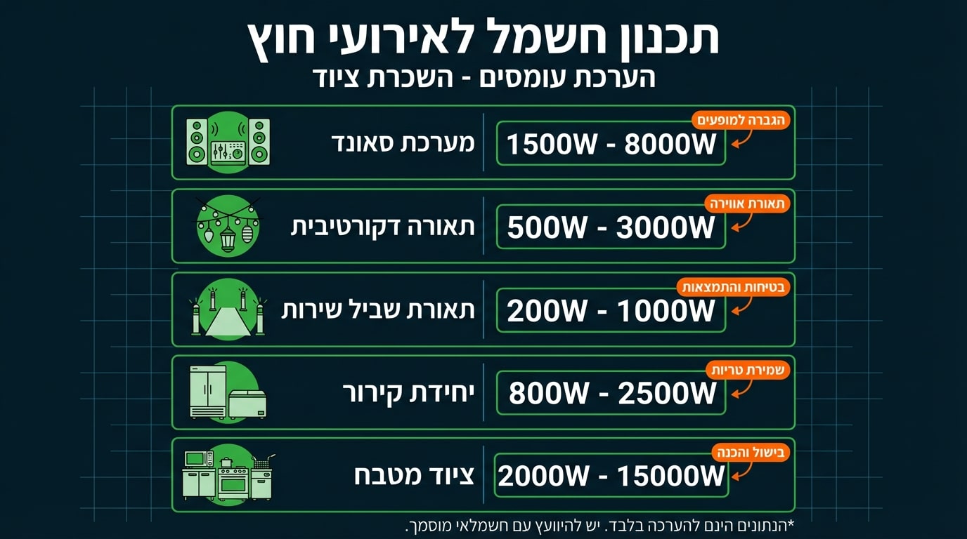 תכנון חשמל מקצועי לאירוע בשטח עם גנרטור וכבלים מאובטחים