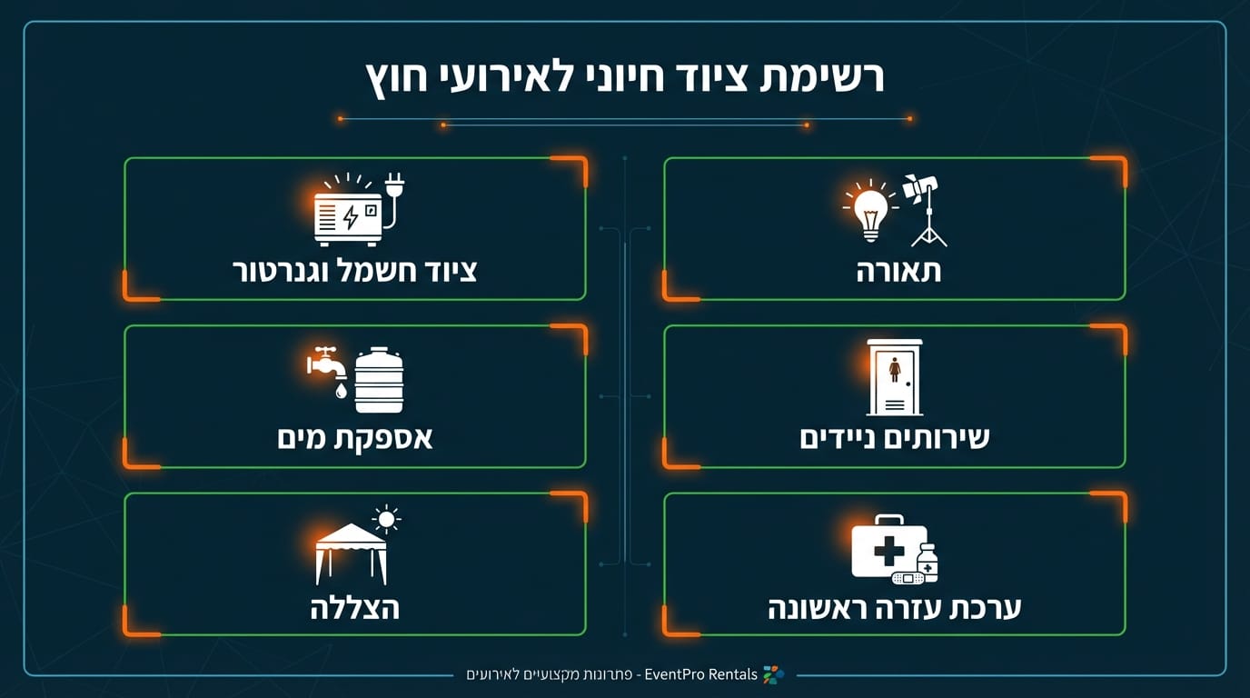 רשימת ציוד חיוני לאירוע בשטח פתוח כולל שולחנות כסאות והצללה