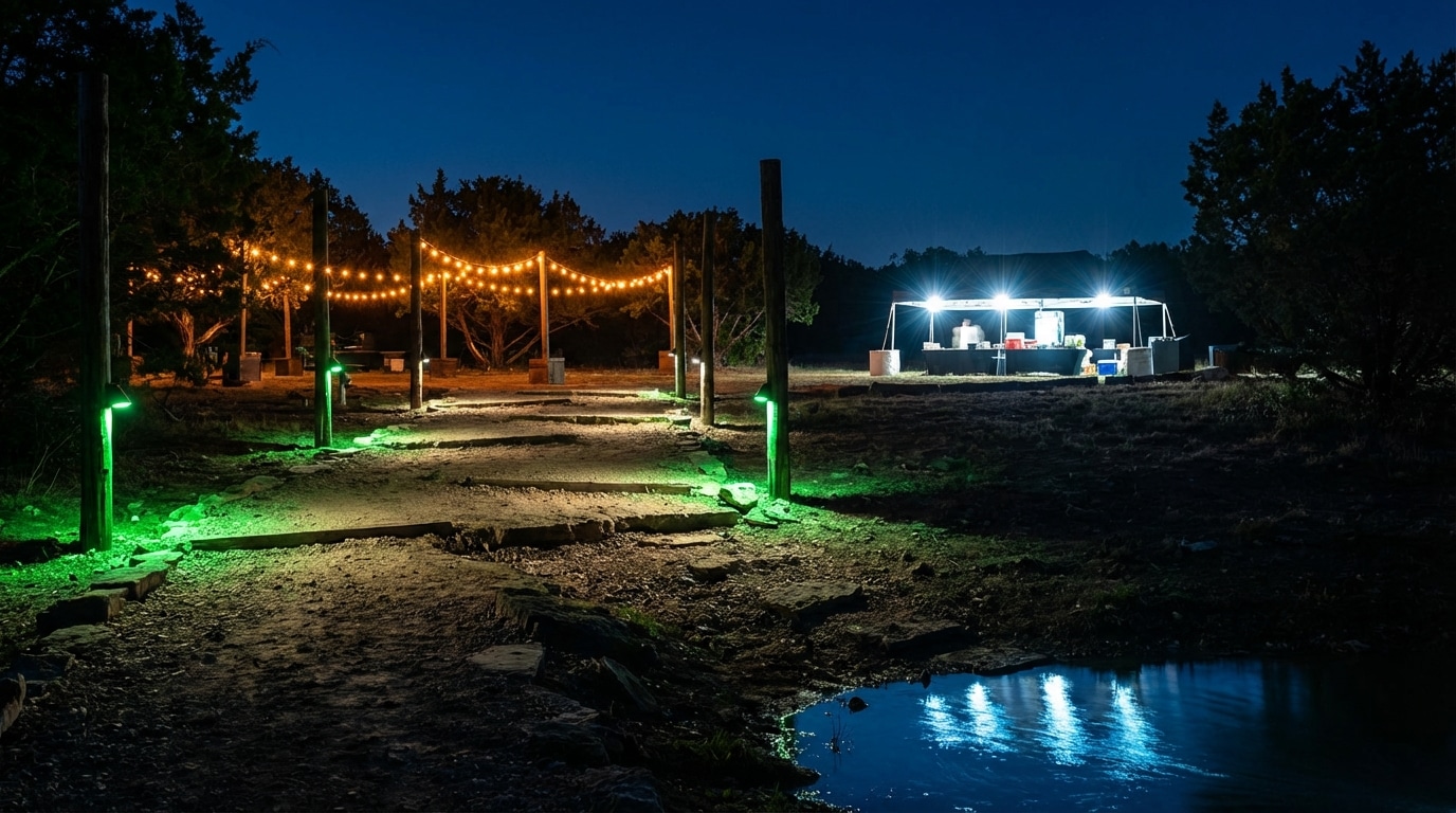 תאורה מקצועית לאירוע בטבע עם שבילים מוארים ואווירה רומנטית