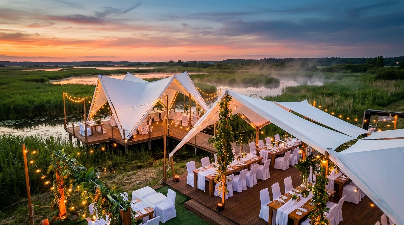 אירוע קיץ בטבע עם הצללה ואורחים נהנים בסביבה ירוקה